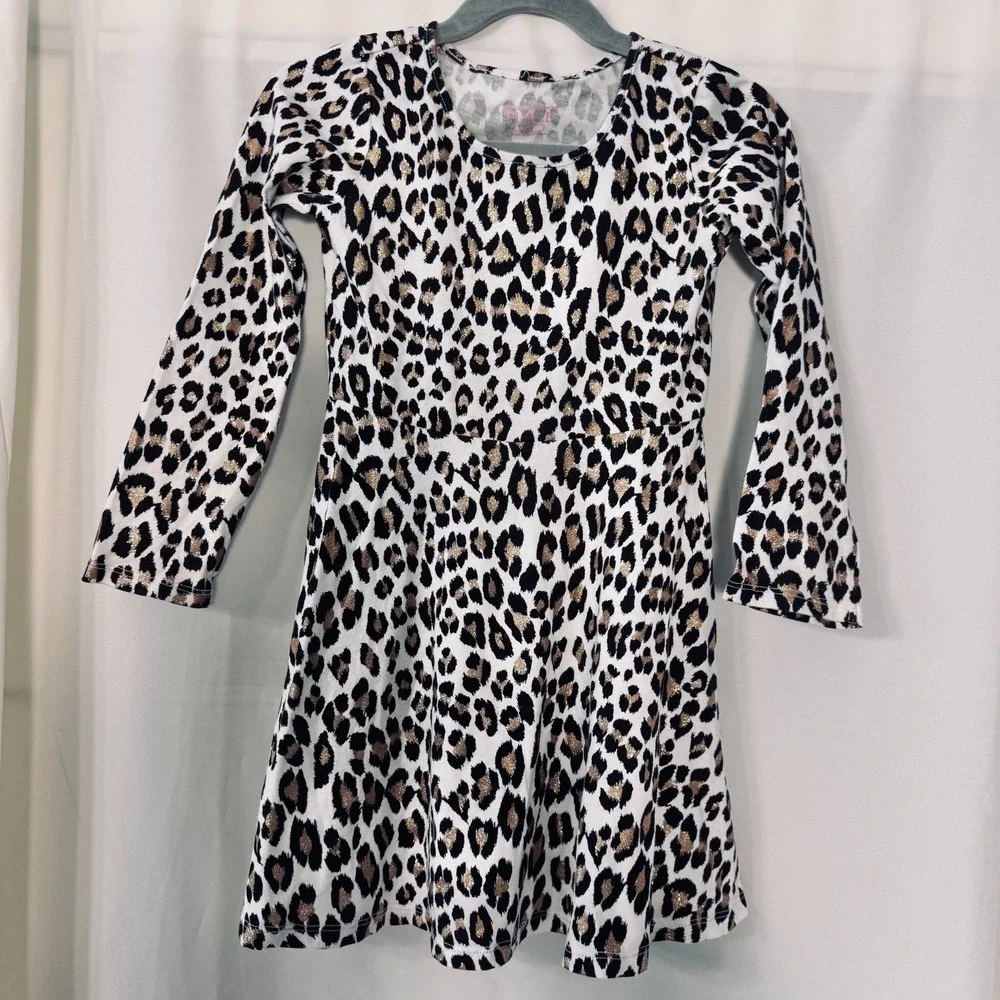 The Children's Place Girls Leopard Print Fit & Flare Dress Gold Metallic 5T LS